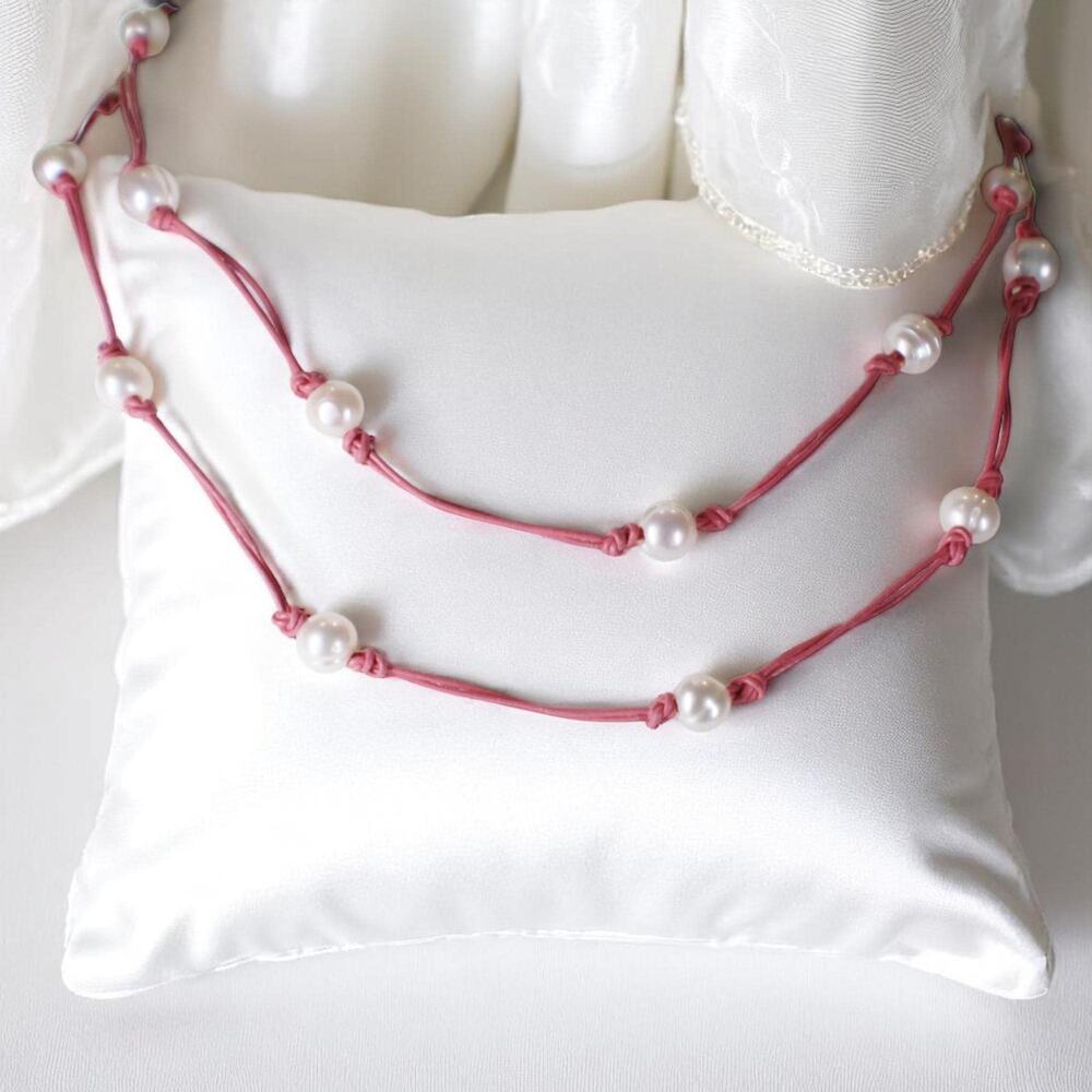 Double 1mm Pink Metallic Leather Knotted necklace 35"  19 Genuine Pearls.